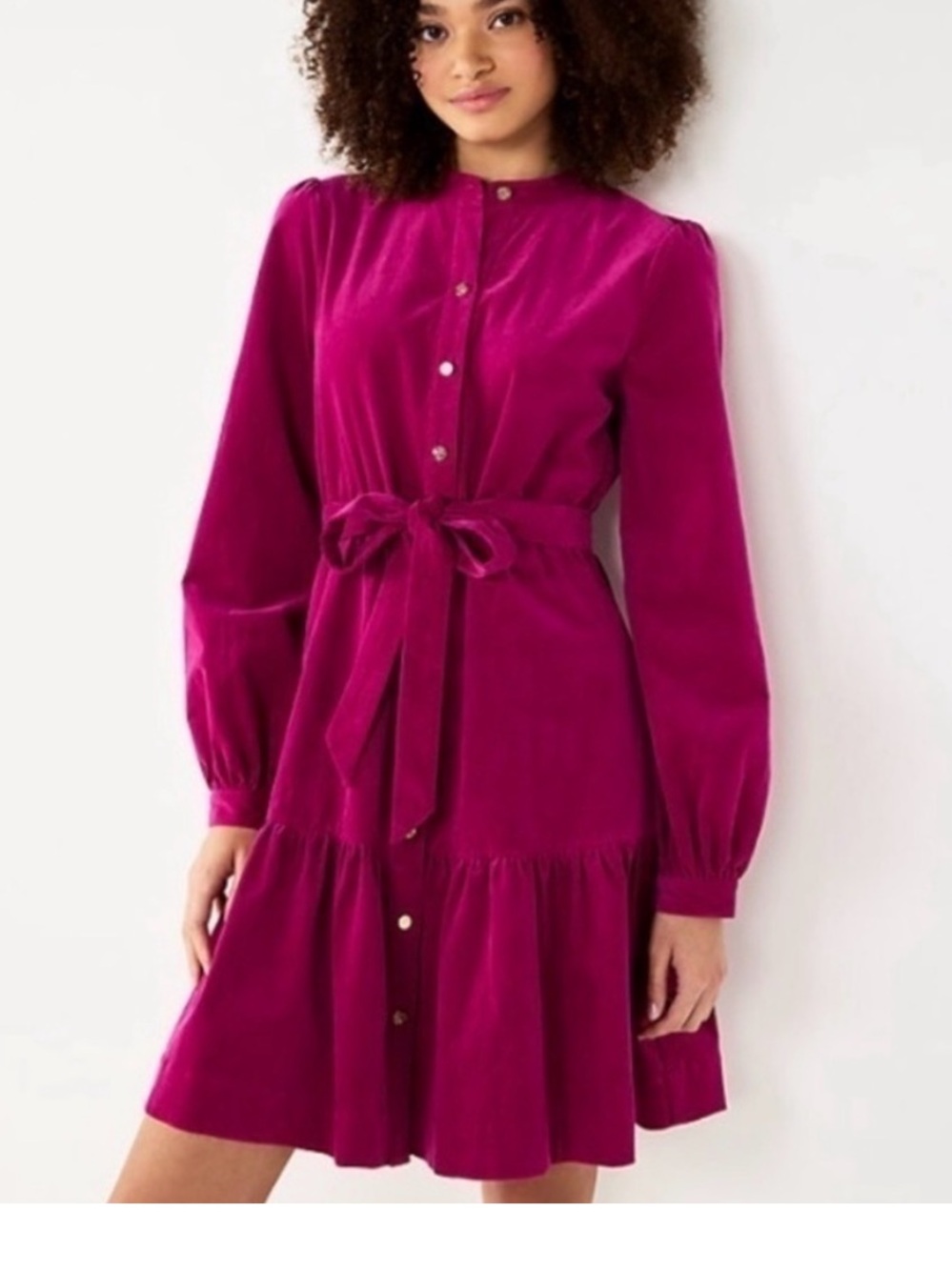 Draper James sz Medium fuschia long sleeve tiered dress corduroy cotton stretch